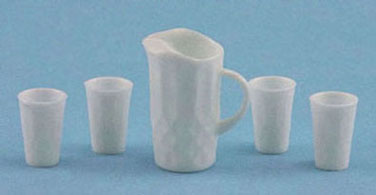 Dollhouse Miniature Crystal Pitcher W/4 Tumblers, Kit, White